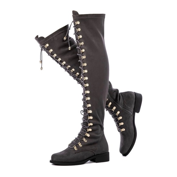 Globalwin Grey Faux Suede Lace Up Over The Knee Boots 18YY26-4 Womens 5.5 NEW - Picture 3 of 6